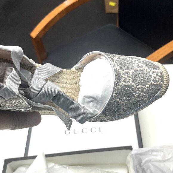 GUCCI SHOES HERITAGE PILAR LAME SILVER GG PLATFORM ESPADRILLE WEDGES 38.5 US 8 - Picture 11 of 16